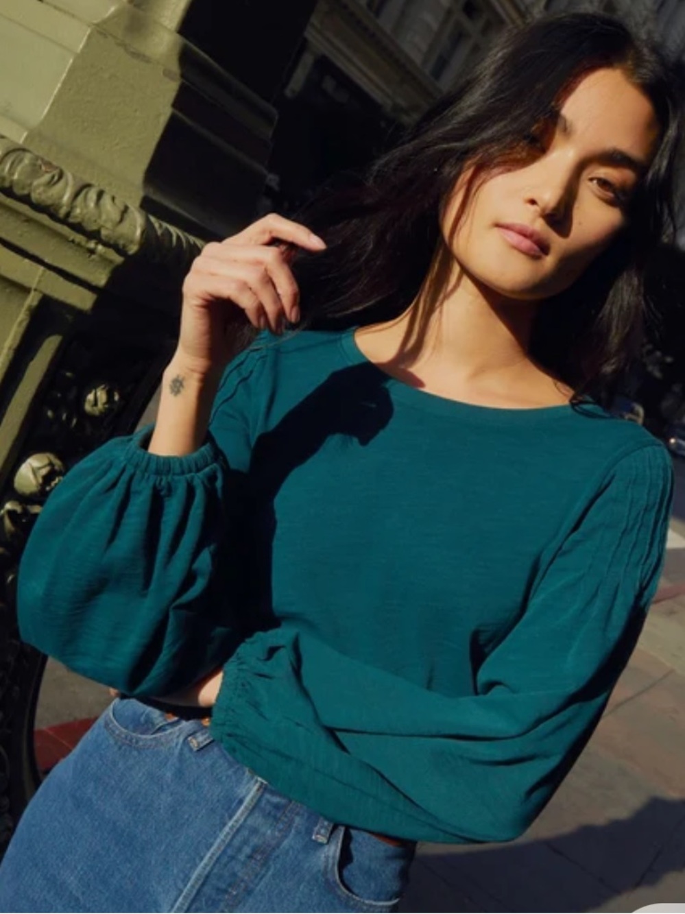 NATION LTD Sabine Balloon Sleeve Top Size M 100% Cotton Deep Teal Pintucks